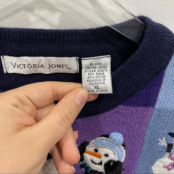 Victoria Jones Patchwork Full Zip Holiday Ugly Christmas Sweater XL Sequin Blue - Picture 4 of 7